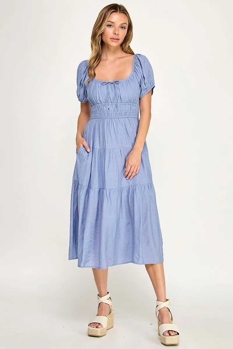 Scoop Neck Peasant Flowy Midi Dress