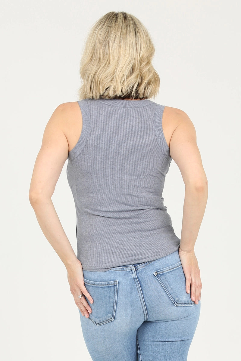 Rib Knit Rounded Hem Tank Top - Indigo