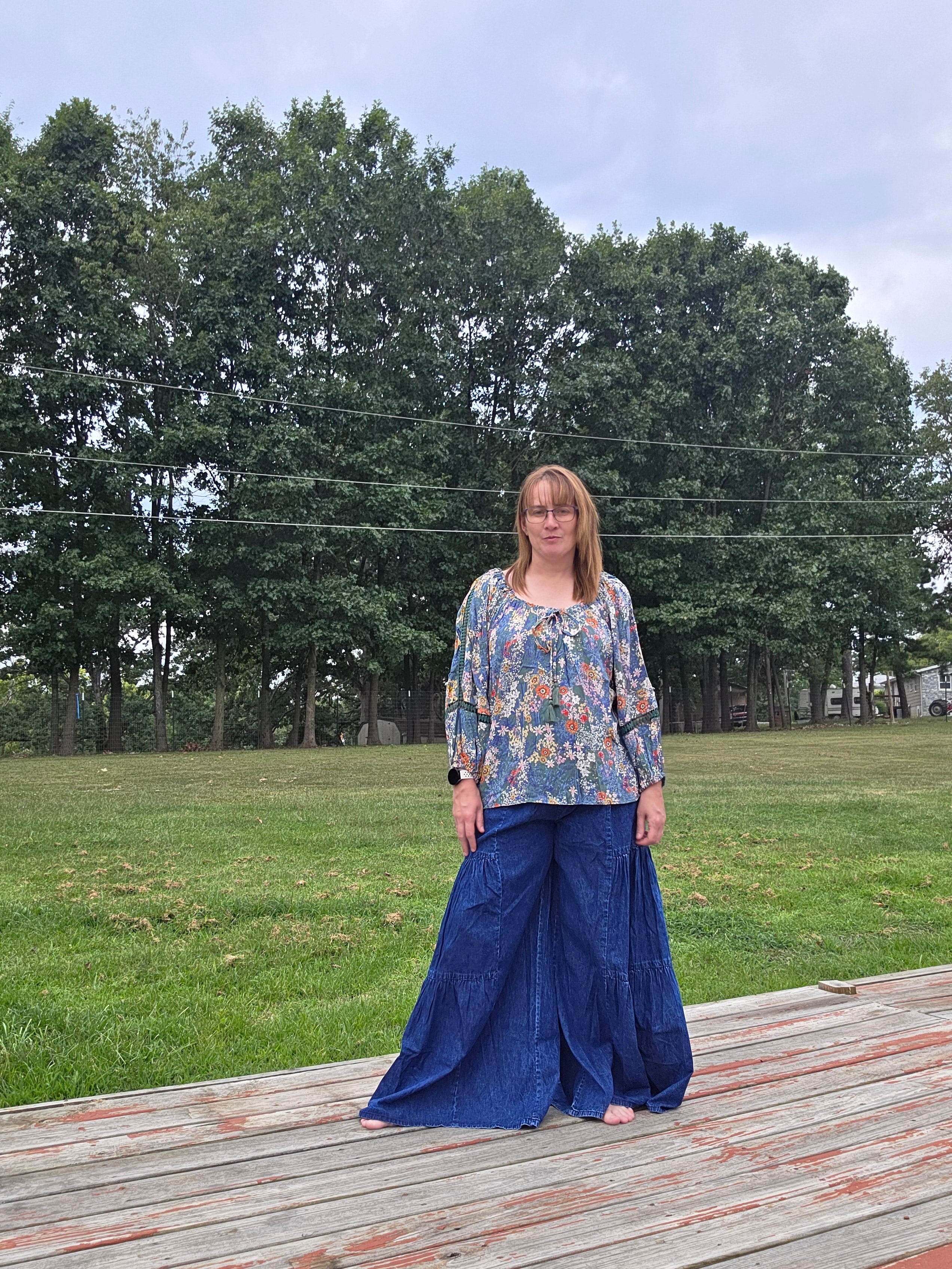 Smocked Waist Tiered Wide Leg Pant - Denim